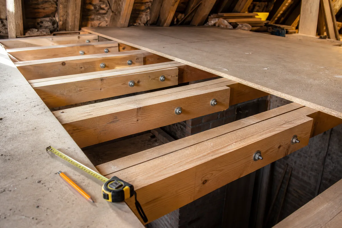Solives de plancher renforcées par moisage dans des combles en chantier