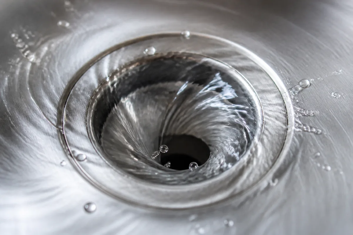 Évier en inox brossé avec bonde ouverte et eau qui s’écoule