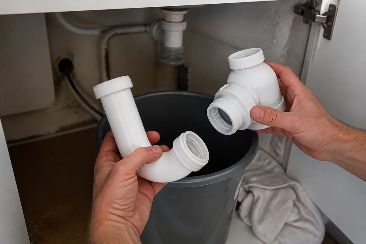Siphon en PVC blanc démonté au-dessus d’un seau