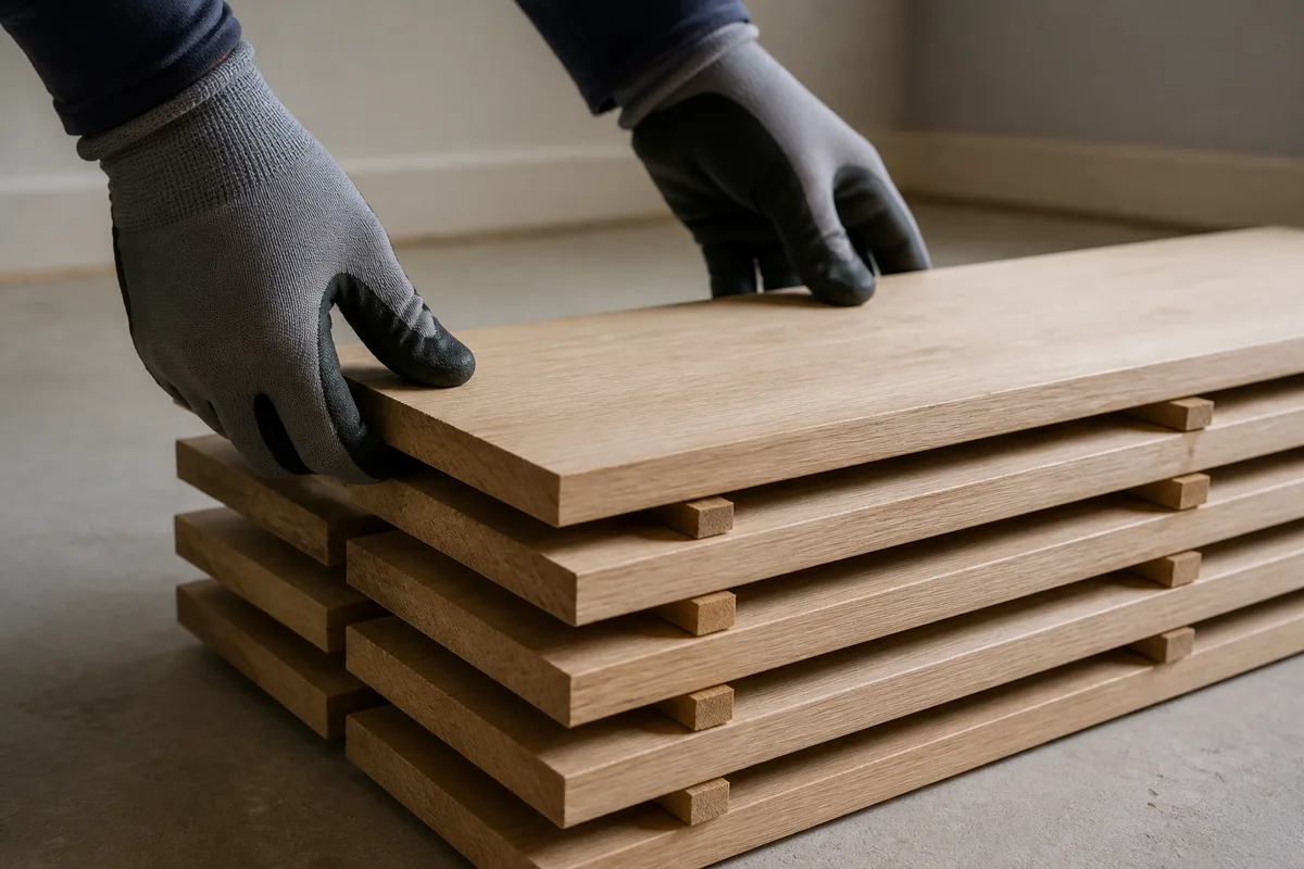 Lames de bois clair empilées à plat avec des tasseaux intercalaires