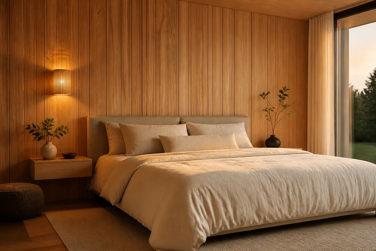Chambre claire avec tête de lit adossée à un mur lambrissé