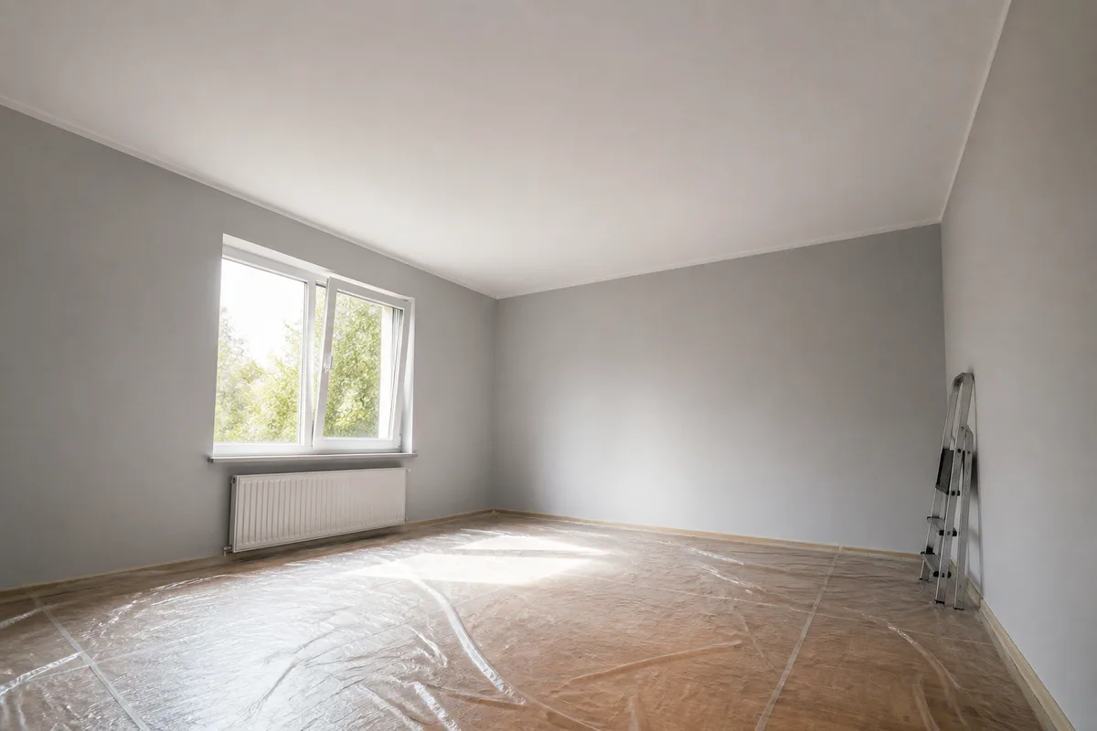 Plafond fraîchement repeint en blanc mat dans une pièce lumineuse, fenêtre entrouverte et bâches au sol