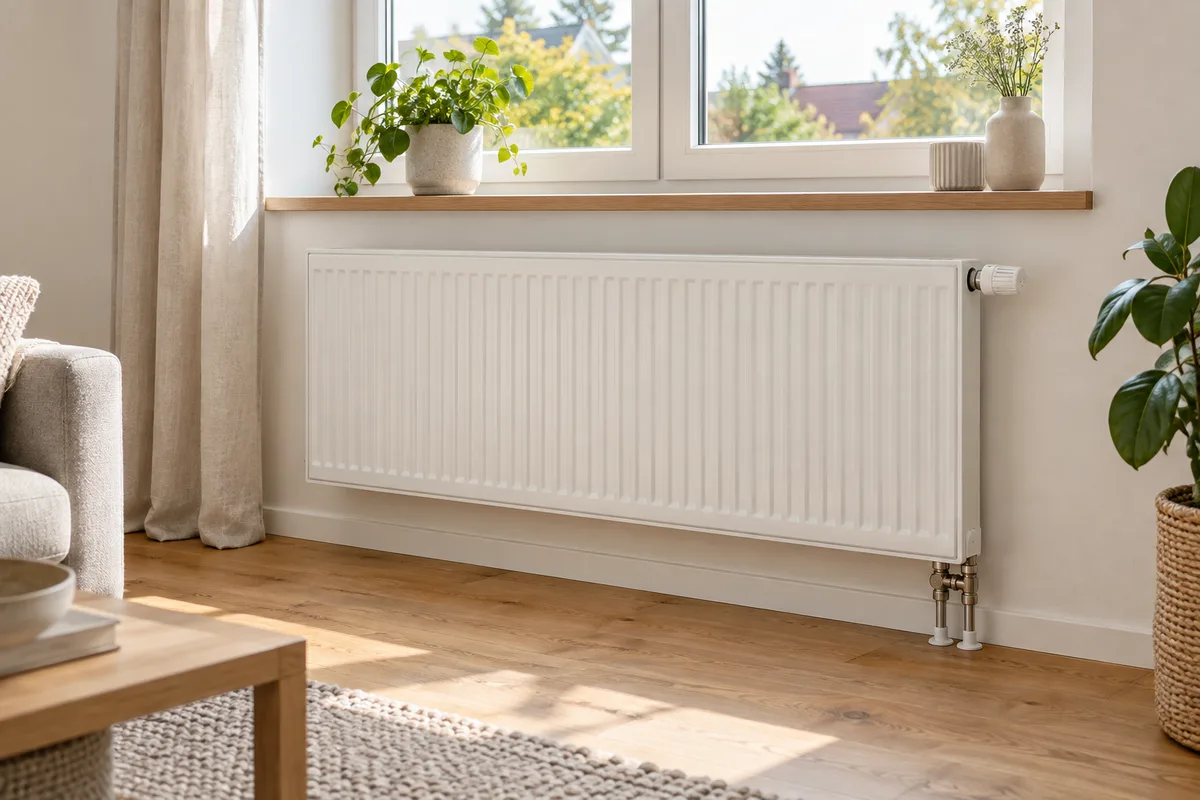 Radiateur basse température neuf posé sous une fenêtre