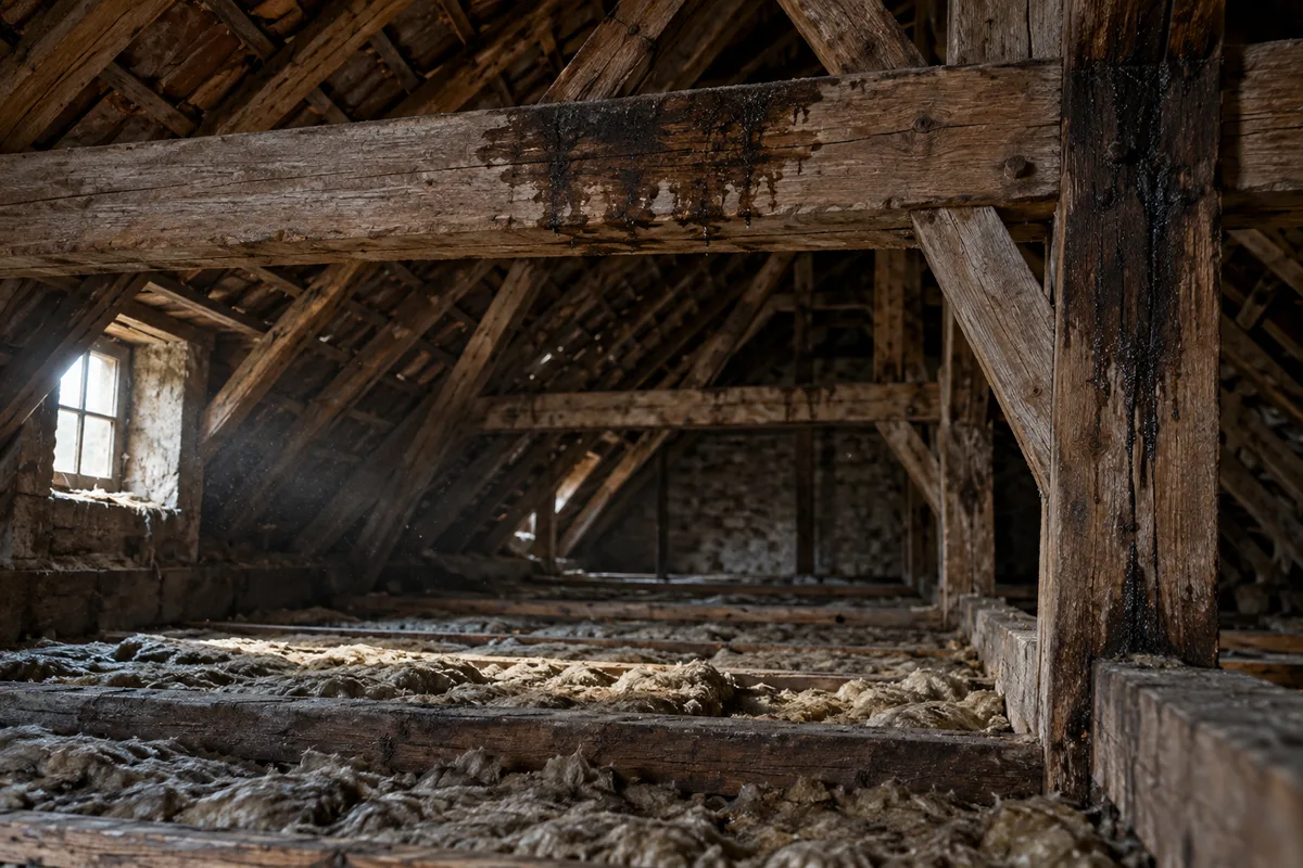 Charpente en bois d&rsquo;un comble marquée par des traces d&rsquo;humidité