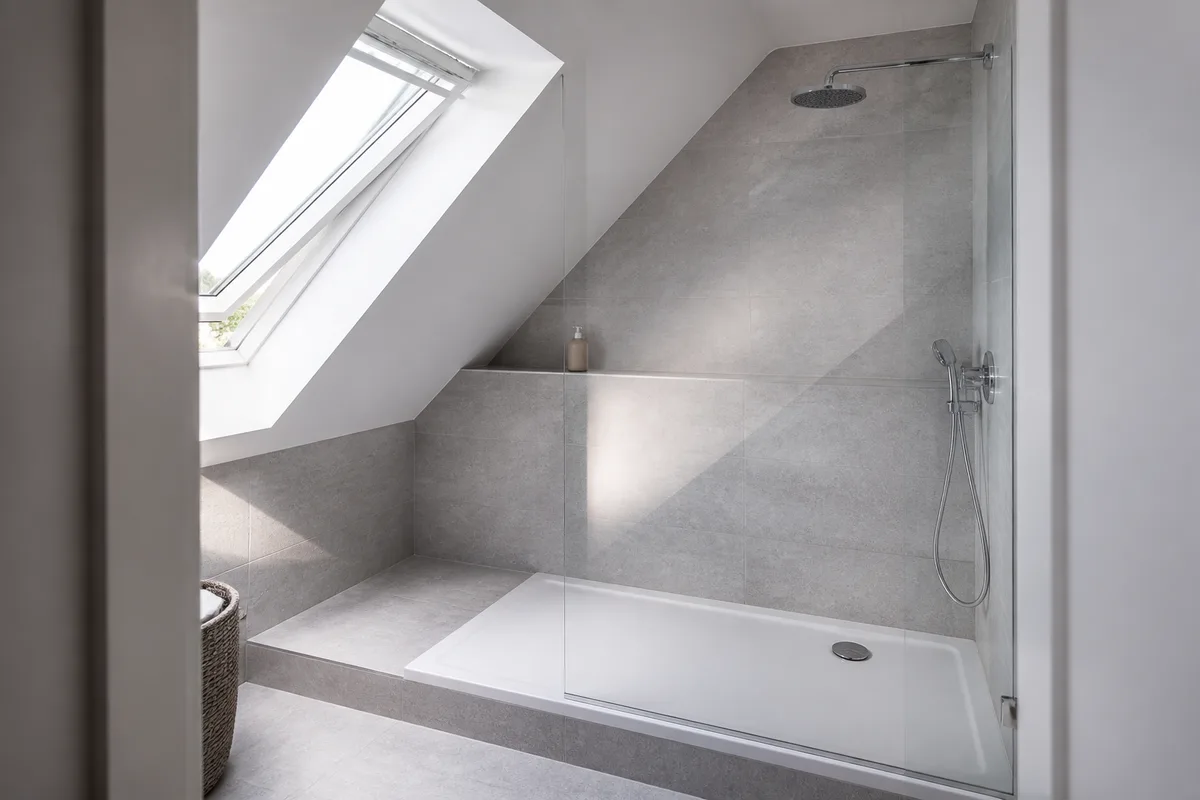 Estrade technique et receveur de douche installés sous un rampant carrelé