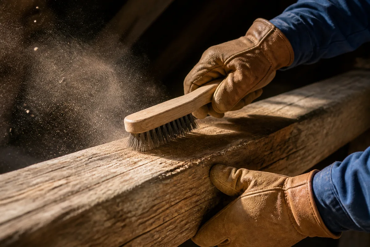 Mains gantées brossant une poutre de charpente en bois
