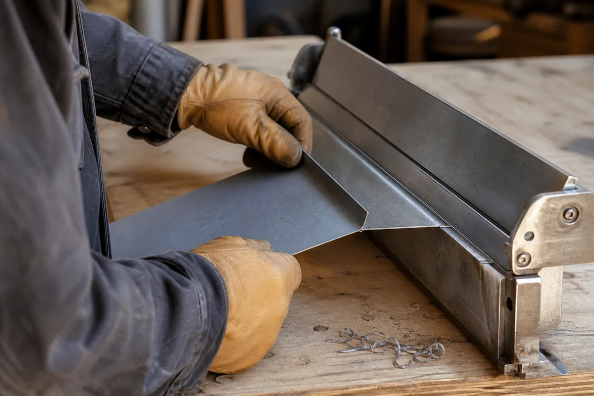 Mains d’un couvreur pliant une bande de zinc sur une plieuse portative